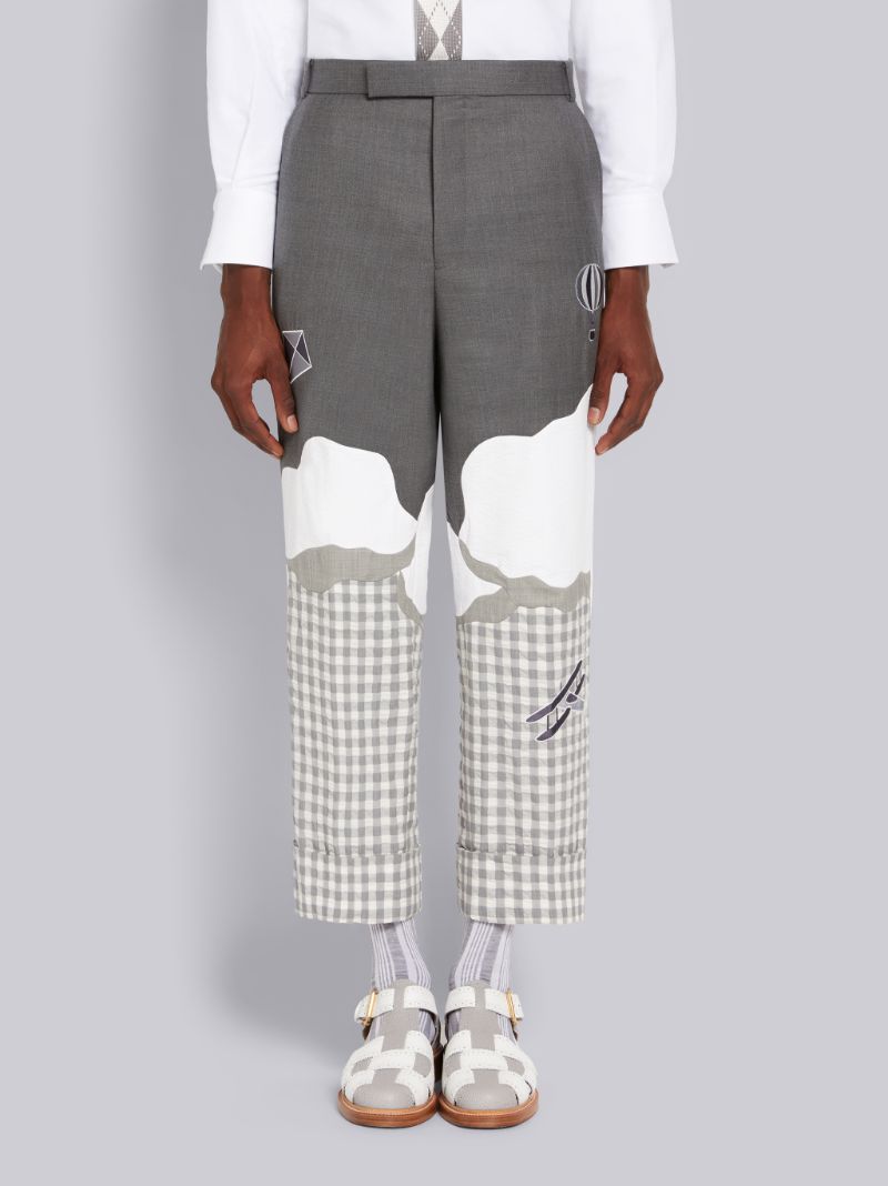Medium Grey Gingham and Seersucker Wool Sky Intarsia Beltloop Trousers