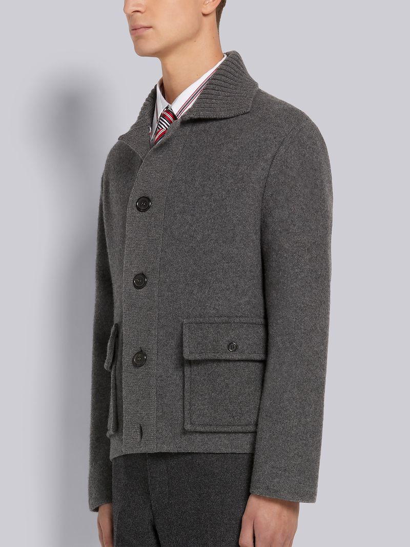 Medium Grey Jersey Stitch Boiled Merino Wool Center Back Intarsia Stripe Workmen's Jacket