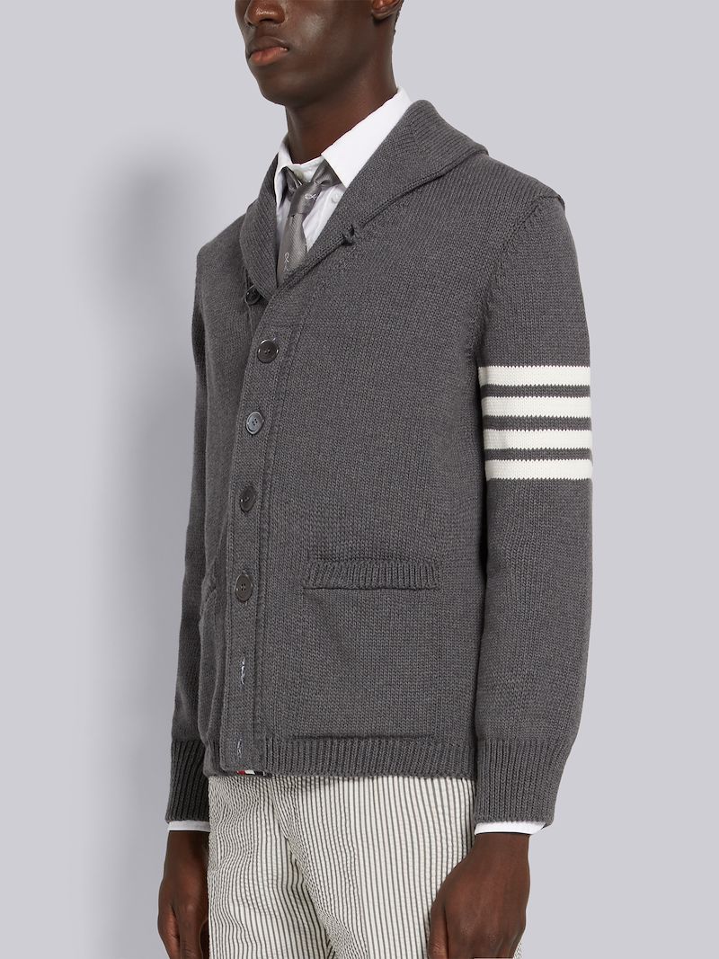 Medium Grey Jersey Stitch Cotton 4-Bar Shawl Collar Cardigan