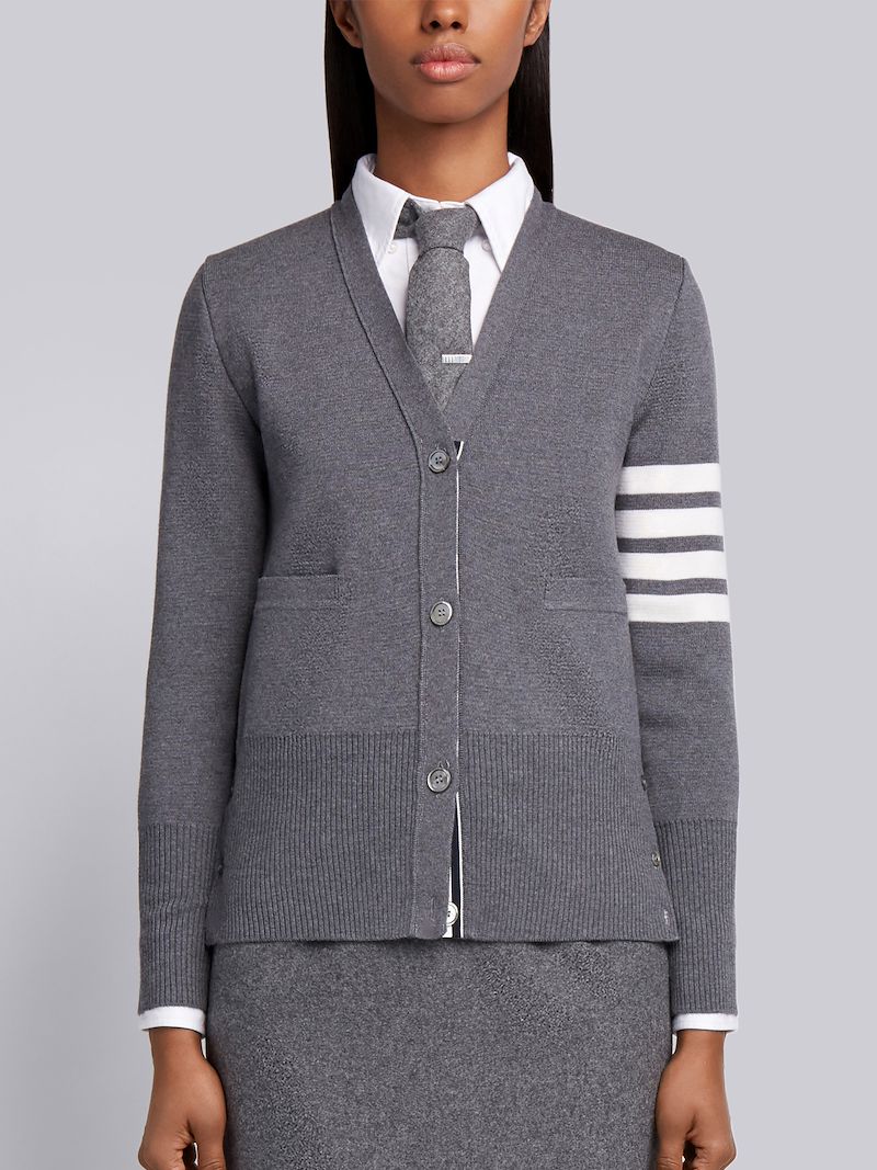 Medium Grey Milano Stitch Fine Merino Wool 4-bar V-neck Cardigan