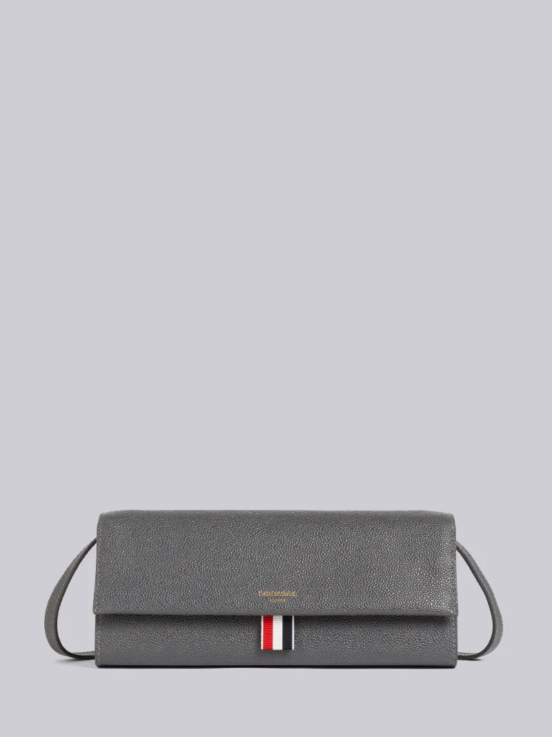 Medium Grey Pebbled Calfskin Detachable Strap Flap Long Clutch