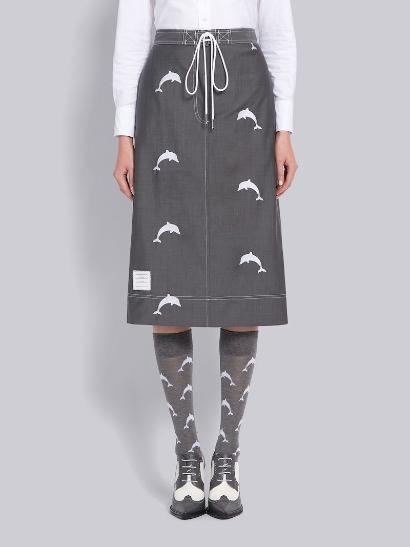 Medium Grey School Uniform Dolphin Embroidered Board Short Skirt Thom