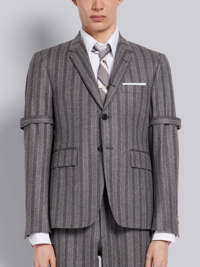 Medium Grey Tonal Chalk Stripe Wool Flannel Armband Classic Jacket