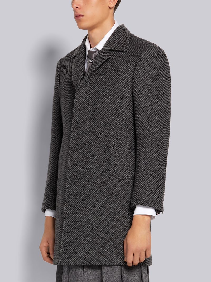 Medium Grey Twill Weave Cashmere Tweed Bal Collar Classic Overcoat