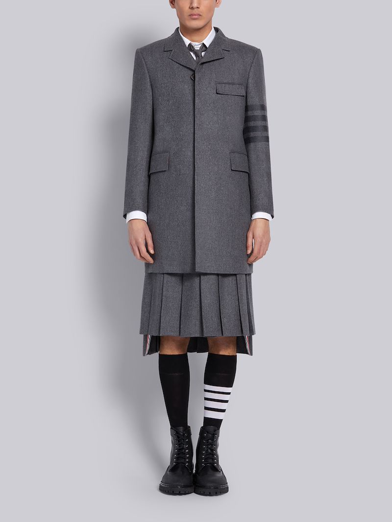 Medium Grey Wool Cashmere Flannel Tonal 4-Bar Classic Chesterfield Overcoat