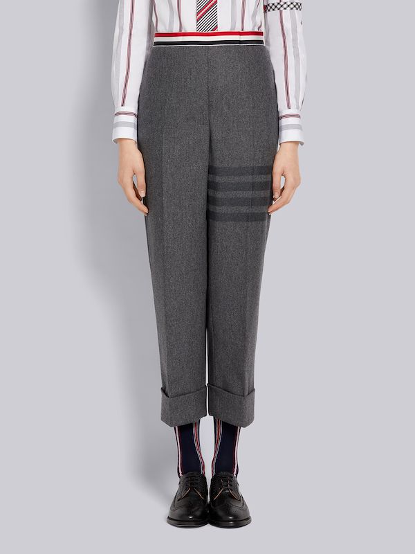 Medium Grey Wool Flannel Grosgrain Stripe Waistband Classic Backstrap Trouser
