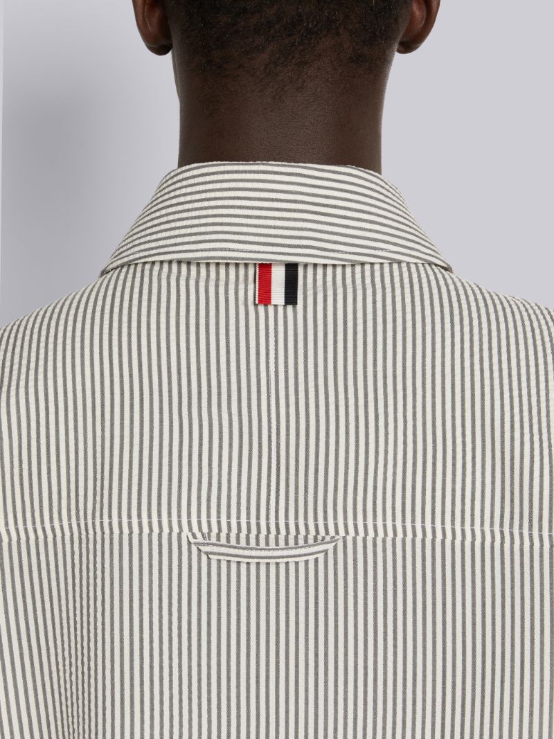 Medium Grey Wool Seersucker Stripe Grosgrain Placket Oversized Shirt Jacket