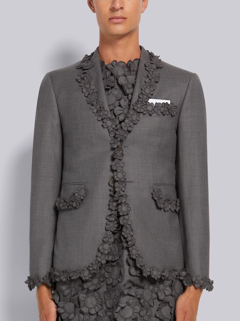 Medium Grey Wool Suiting Floral Embroidery Tipping Classic Sport Coat