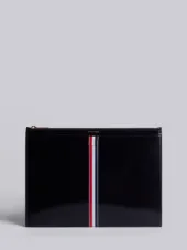 Medium Zipper Document Holder With Red, White And Blue Diagonal Stripe In Black Calf Leather