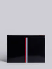 Medium Zipper Document Holder With Red, White And Blue Diagonal Stripe In Black Calf Leather