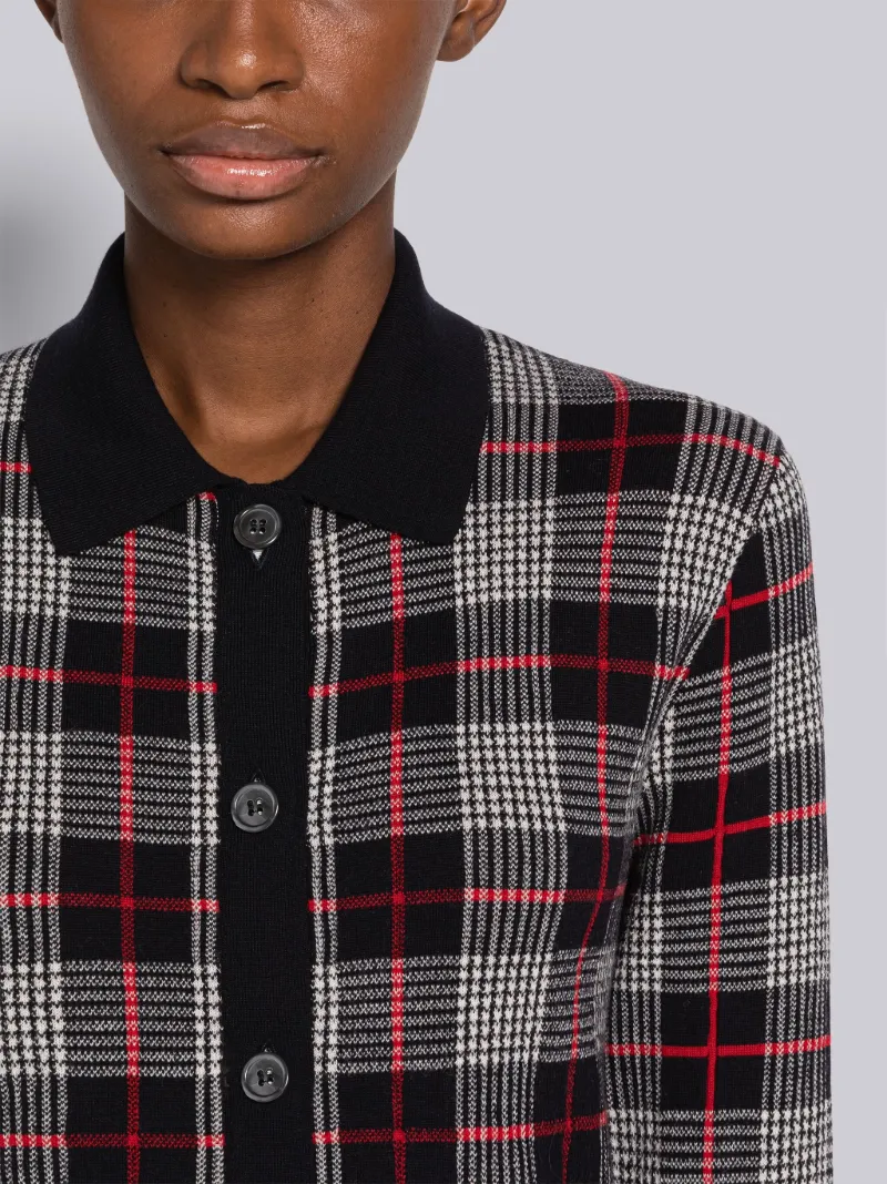 Merino Hairline Check Jacquard Scalloped 3/4 Sleeve Cardigan