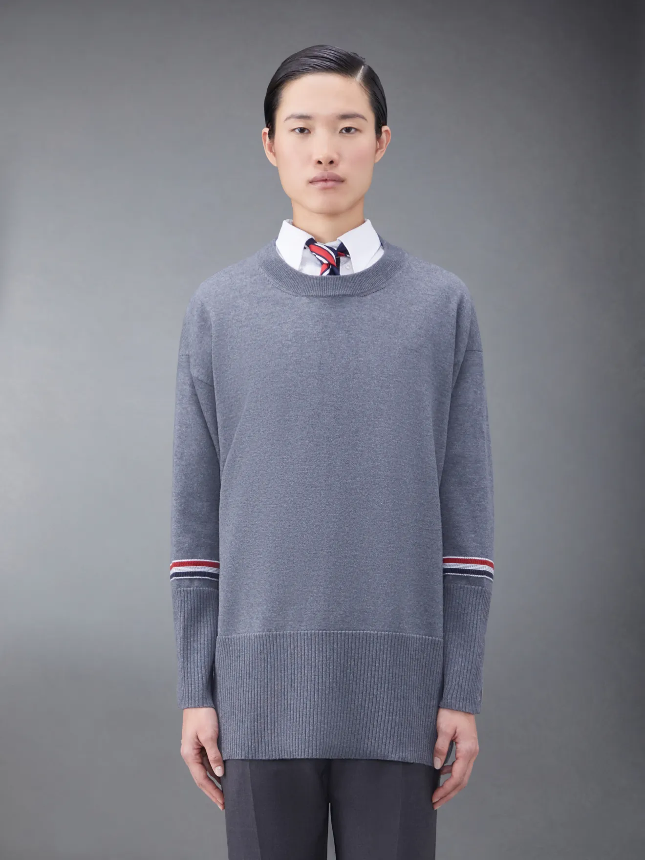 Merino Stripe Jacquard Exaggerated Crew Neck Pullover | Thom Browne