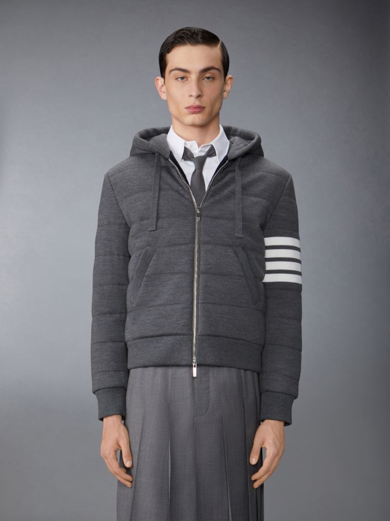 Merino Wool Jersey Stitch Padded 4 Bar Zip up Hoodie Thom Browne