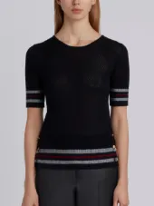 Mesh Stitch V-neck Cardigan With Float Stitch Red, White And Blue Cricket Stripe In Cotton Crepe