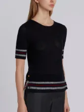 Mesh Stitch V-neck Cardigan With Float Stitch Red, White And Blue Cricket Stripe In Cotton Crepe