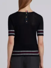 Mesh Stitch V-neck Cardigan With Float Stitch Red, White And Blue Cricket Stripe In Cotton Crepe