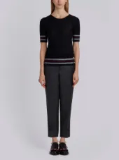 Mesh Stitch V-neck Cardigan With Float Stitch Red, White And Blue Cricket Stripe In Cotton Crepe