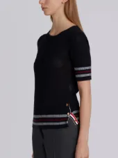 Mesh Stitch V-neck Cardigan With Float Stitch Red, White And Blue Cricket Stripe In Cotton Crepe