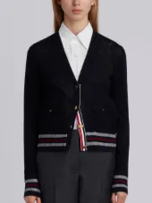 Mesh Stitch V-neck Cardigan With Float Stitch Red, White And Blue Cricket Stripe In Cotton Crepe