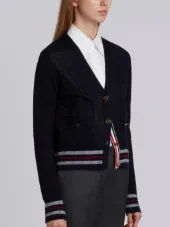 Mesh Stitch V-neck Cardigan With Float Stitch Red, White And Blue Cricket Stripe In Cotton Crepe