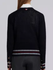 Mesh Stitch V-neck Cardigan With Float Stitch Red, White And Blue Cricket Stripe In Cotton Crepe