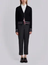 Mesh Stitch V-neck Cardigan With Float Stitch Red, White And Blue Cricket Stripe In Cotton Crepe