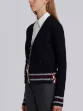 Mesh Stitch V-neck Cardigan With Float Stitch Red, White And Blue Cricket Stripe In Cotton Crepe