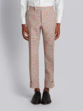 Mid-Rise Unconstructed Backstrap Trouser In Hopsack Check Double Woven Wool Crepe With Red, White And Blue Stripe Back