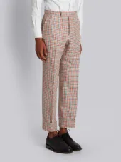 Mid-Rise Unconstructed Backstrap Trouser In Hopsack Check Double Woven Wool Crepe With Red, White And Blue Stripe Back
