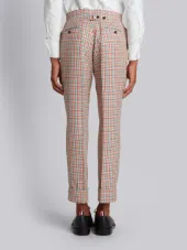 Mid-Rise Unconstructed Backstrap Trouser In Hopsack Check Double Woven Wool Crepe With Red, White And Blue Stripe Back