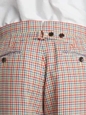Mid-Rise Unconstructed Backstrap Trouser In Hopsack Check Double Woven Wool Crepe With Red, White And Blue Stripe Back