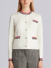 Milano Crew Neck Cardigan Jacket With Red, White And Blue Tipping In Wool Viscose
