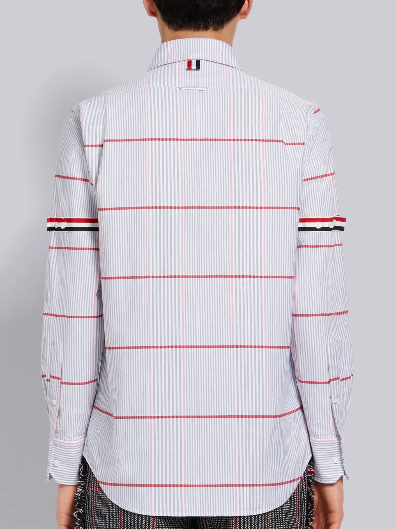 Multi-Color Check Cotton Oxford Grosgrain Armband Straight Fit Long Sleeve Shirt