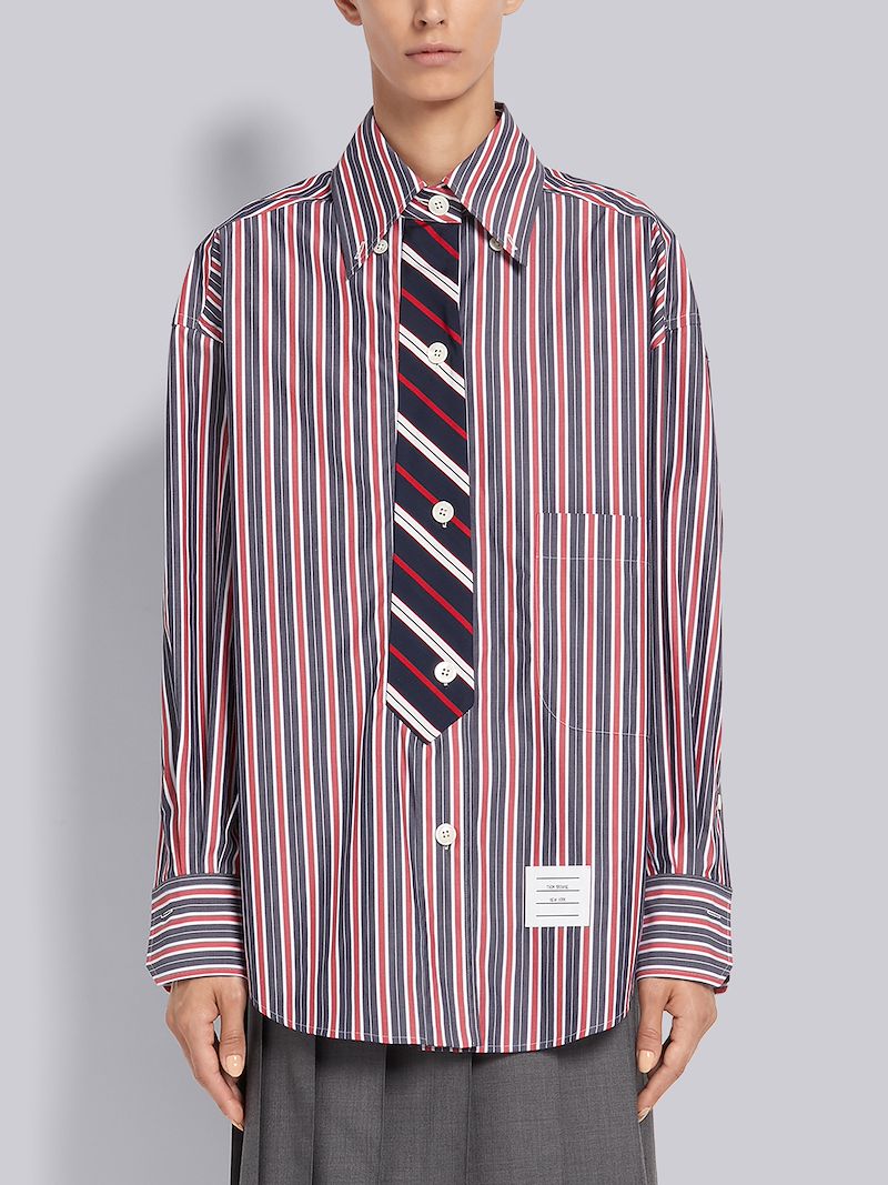 Multi-Color Cotton Poplin Trompe L'oeil Bar Stripe Necktie Supersized Shirt
