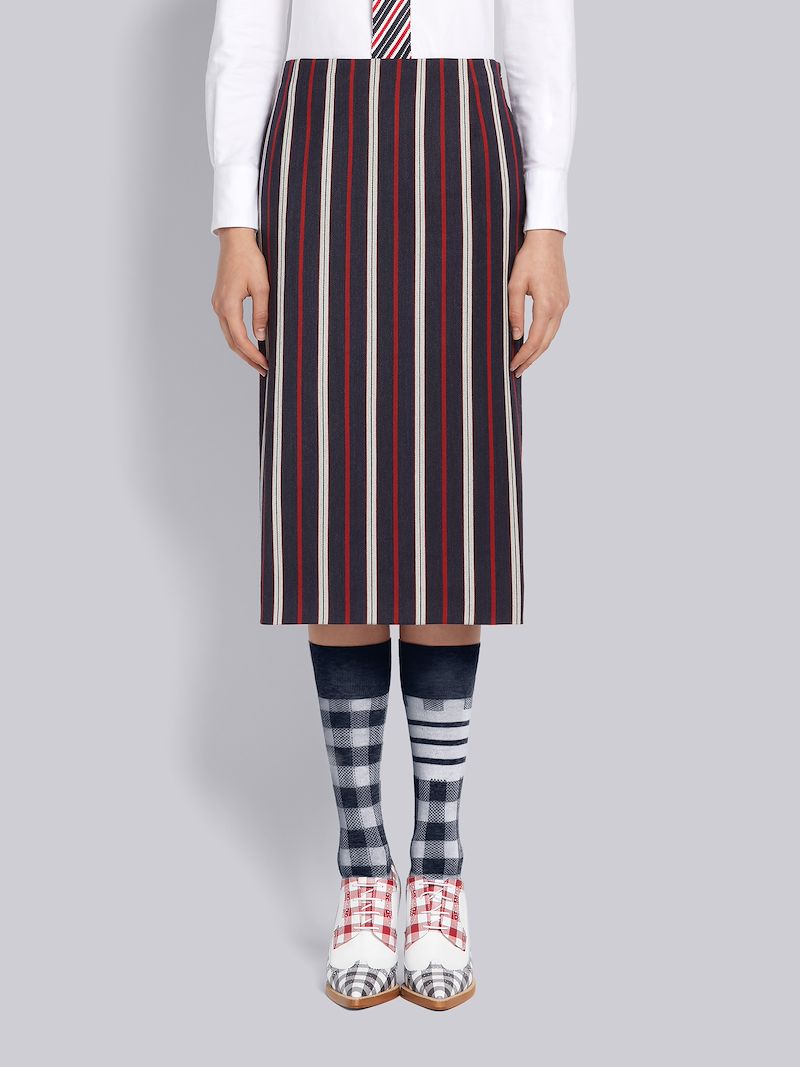 Multi-Color Wool Cotton Suiting Variegated Rep Stripe Knee Length Sheath Pencil Skirt