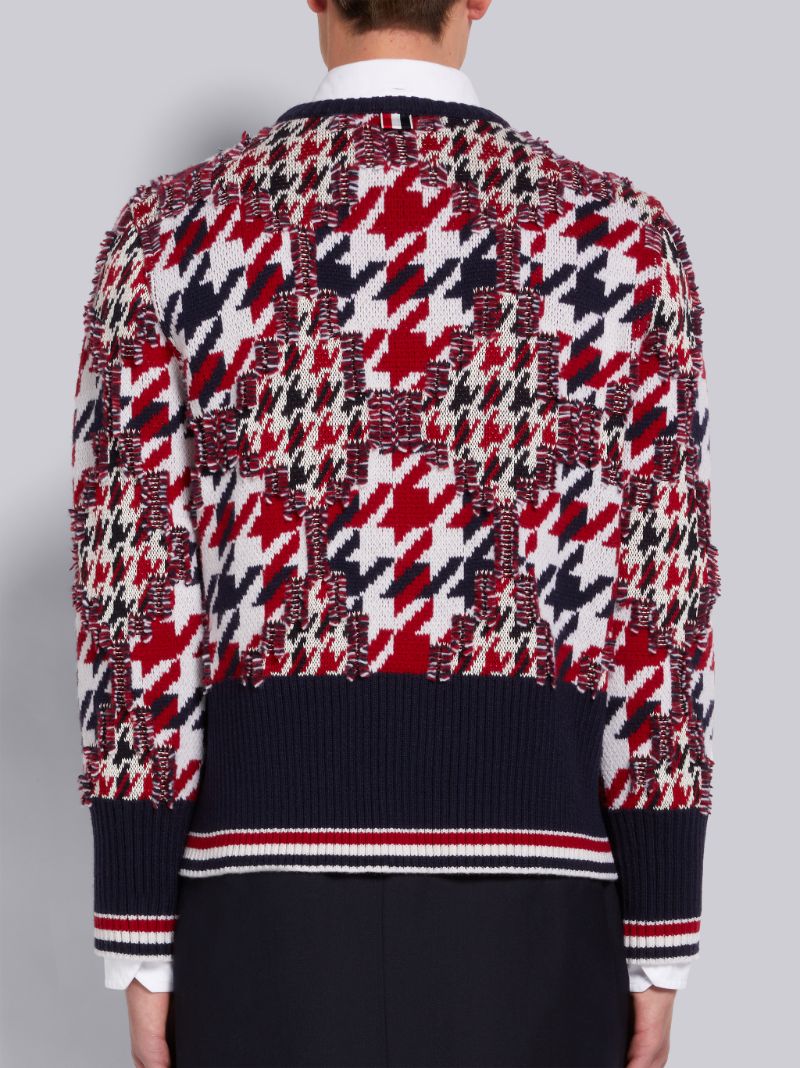 Multicolor Frayed Houndstooth Jacquard Tipping Stripe Pullover