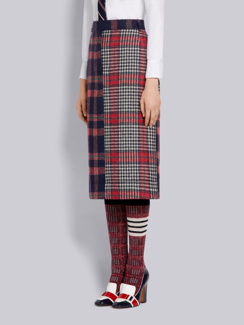 Multicolor Grid Windowpane Check British Wool Below-the-Knee Utility Skirt