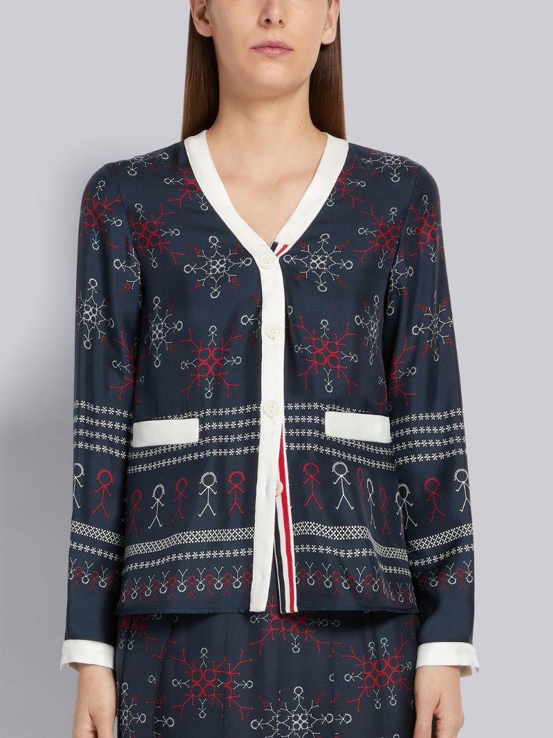Multicolor Silk Twill Mrs. Thom Falling Snowflake Print Contrast Tipping V-Neck Cardigan Blouse