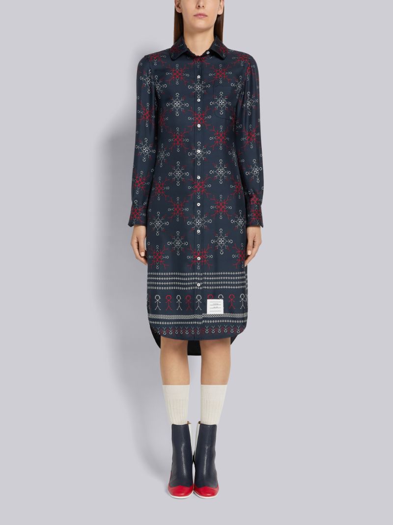 Multicolor Silk Twill Mrs. Thom Falling Snowflake Print Knee Length Round Collar Shirtdress