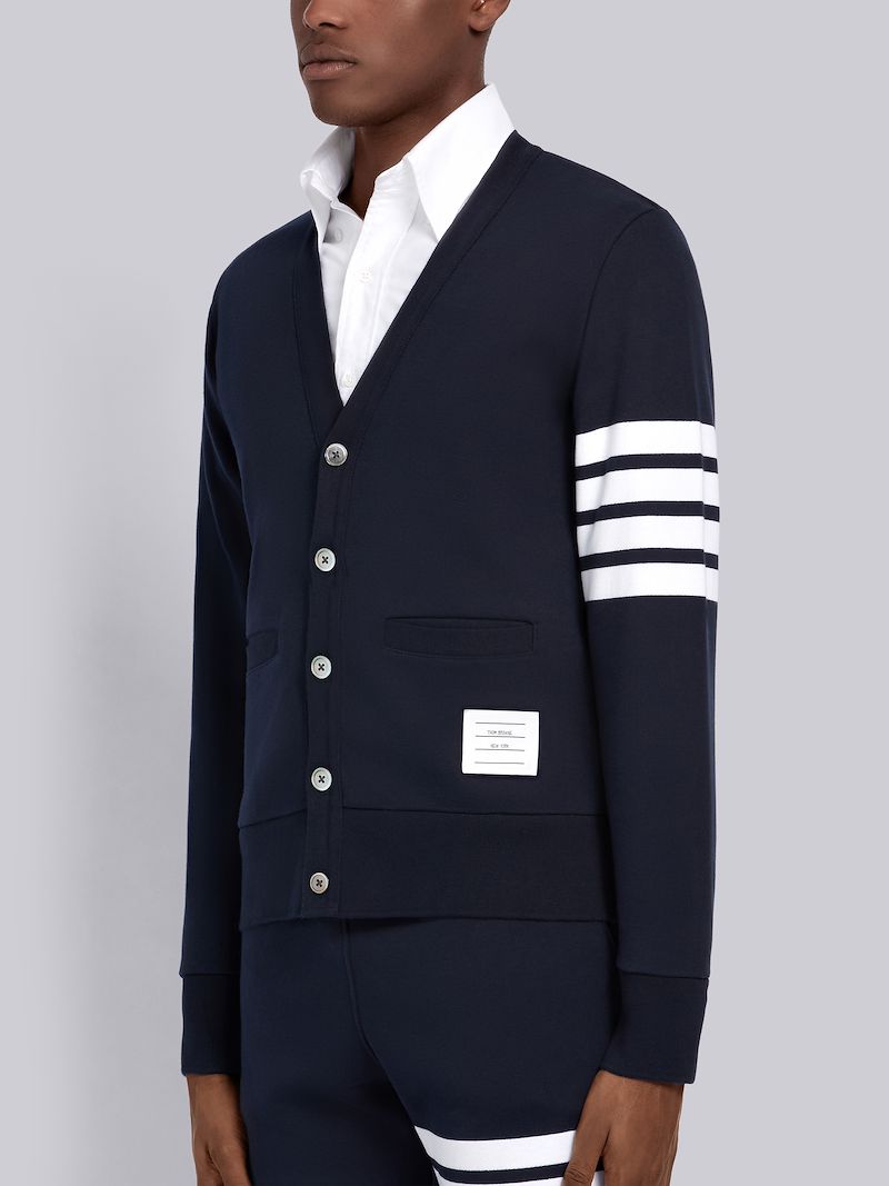 Navy 4-Bar Loopback Jersey V-Neck Cardigan