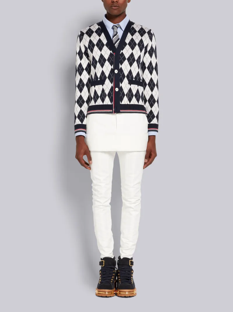 Navy Argyle Cotton Silk Stripe Tipping V-Neck Cardigan Navy Argyle Cotton Silk Stripe Tipping V-Neck Cardigan