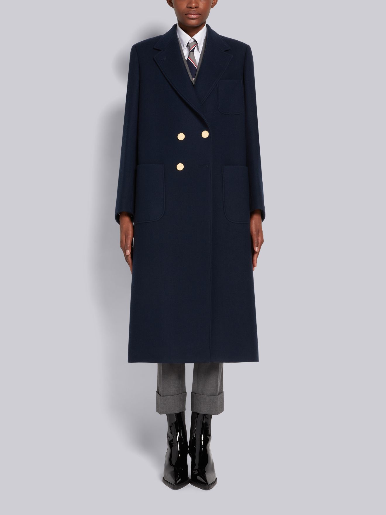 Navy Boiled Wool Oversized Double-breasted Sack Overcoat | Thom Browne