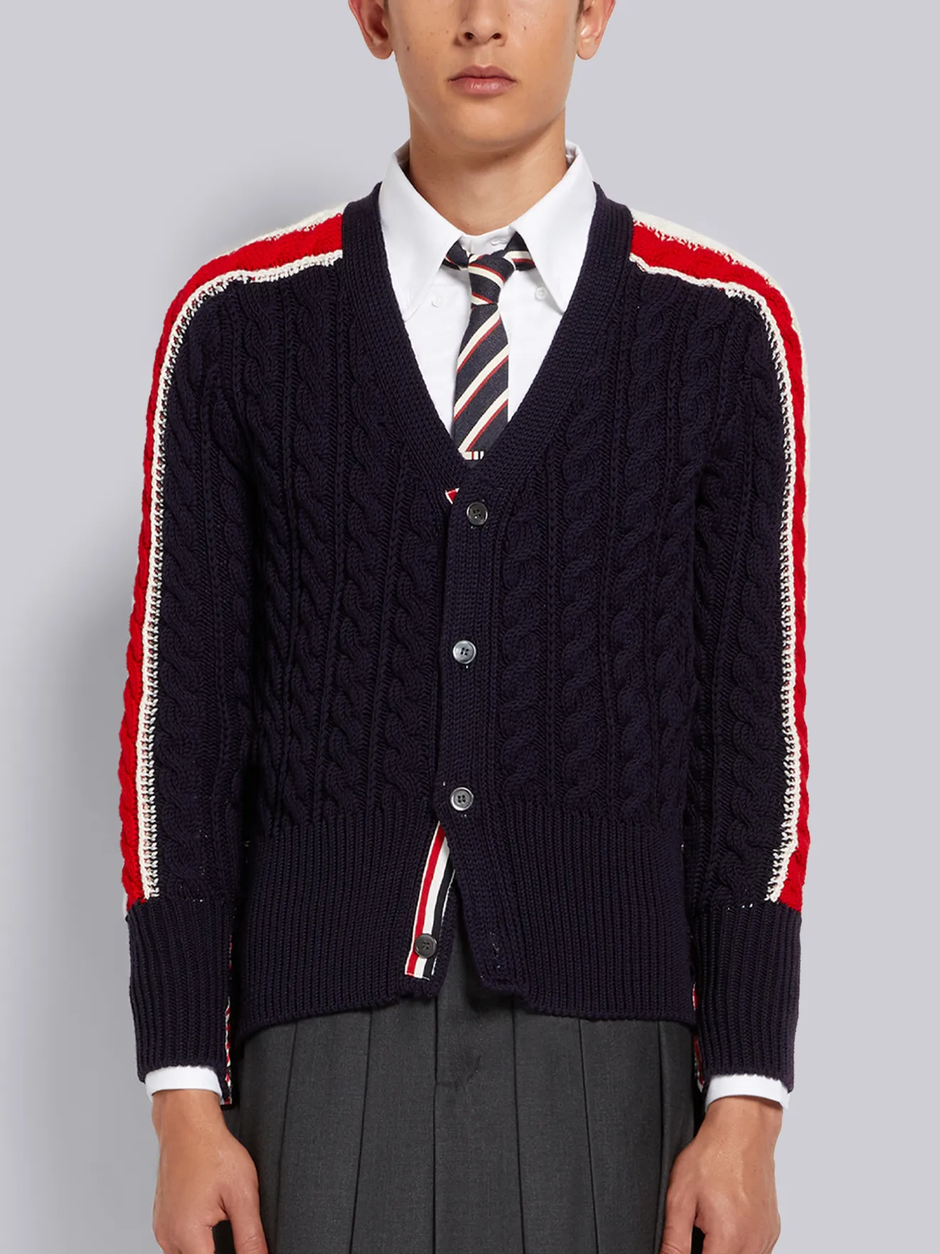 Navy Cable Stitch Merino Wool Stripe Sleeve V-Neck Cardigan | Thom Browne