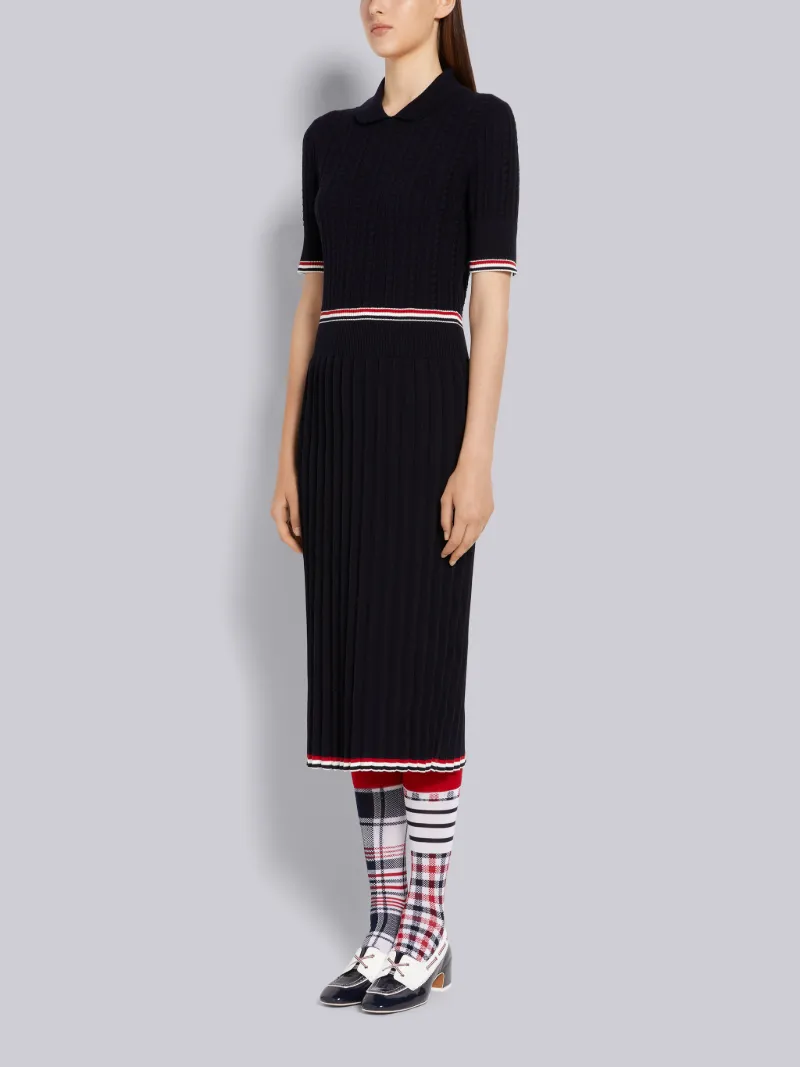 Navy Cable Texture Overtwisted Cotton Stripe Framing and Waistband Pleated Below the Knee Polo Dress