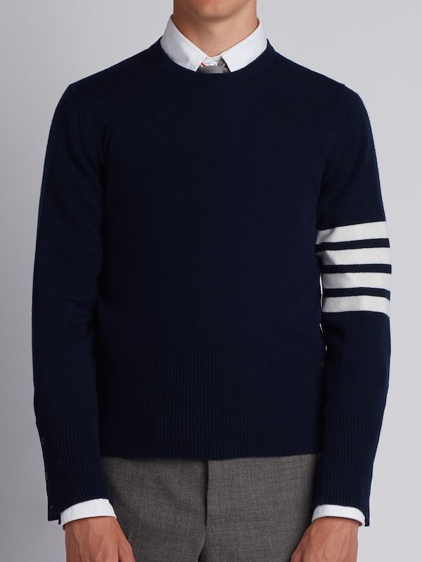 Navy Cashmere 4-bar Short Crew Neck Pullover