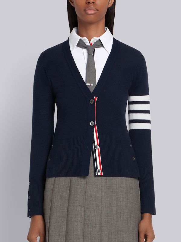 Navy Cashmere 4-Bar V-Neck Cardigan