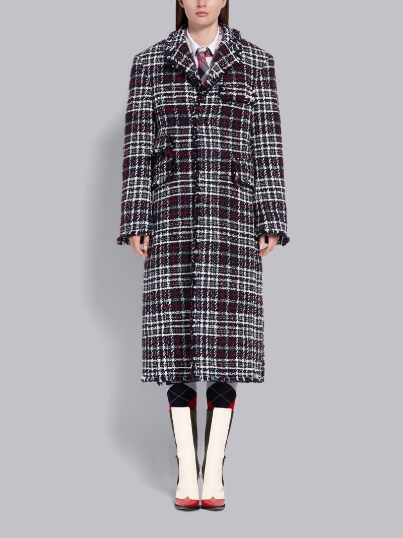 Navy Check Tweed Frayed Edge Ticket Pocket Long Chesterfield Overcoat