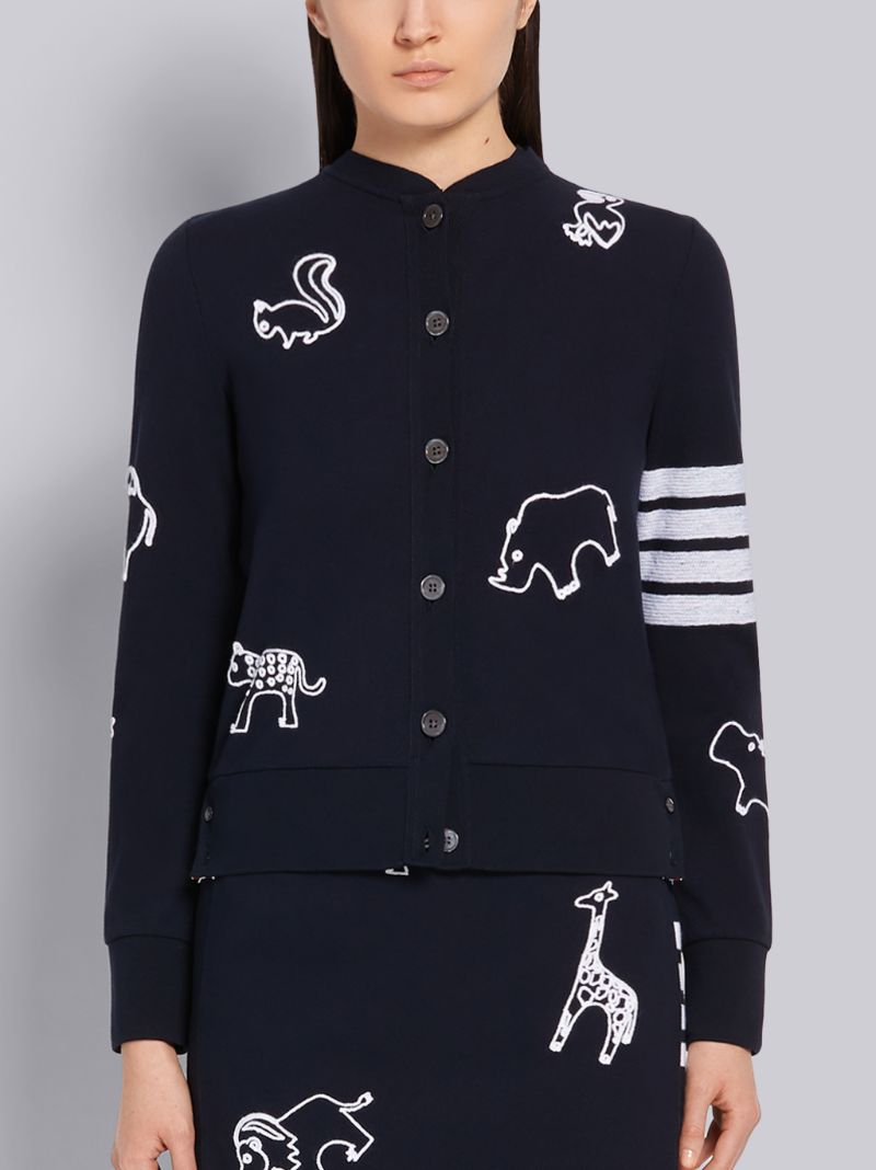 Navy Classic Cotton Pique Animal Icon Embroidery Crewneck 4-Bar Cardigan