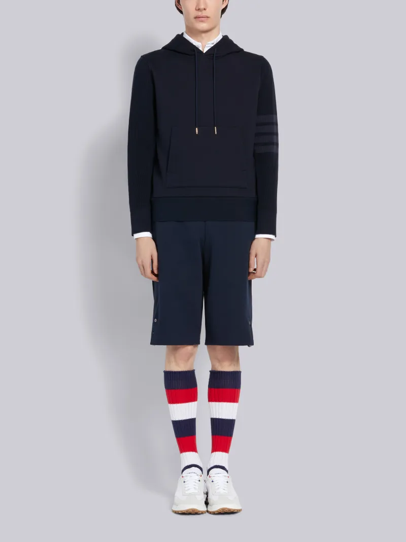 Navy Classic Loopback Ribbed Sleeves 4-Bar Pullover Hoodie