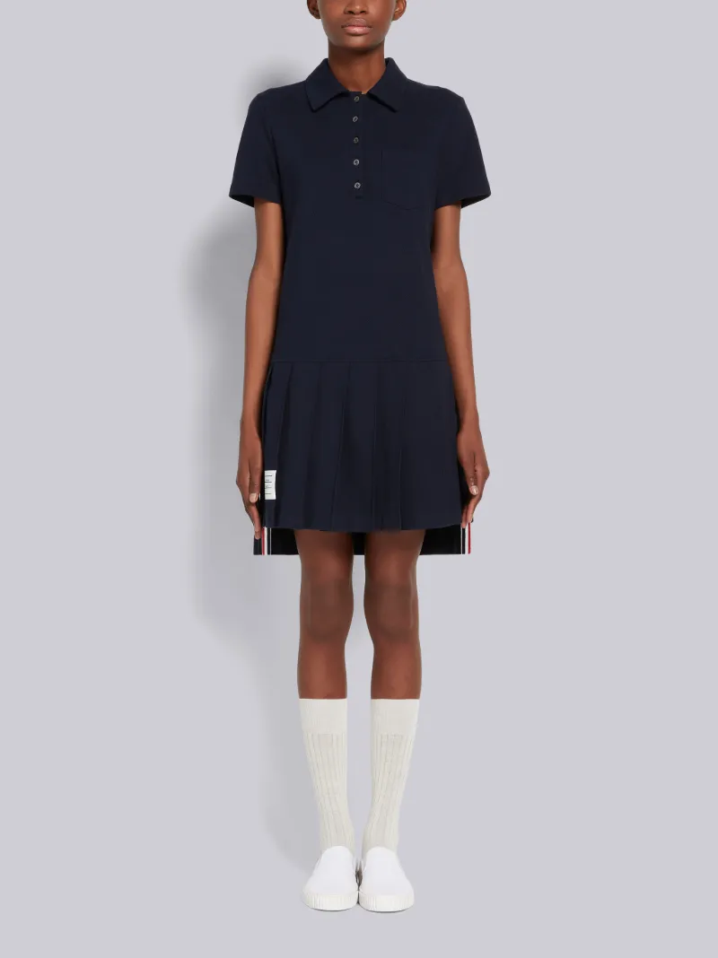 Navy Classic Pique Short Sleeve Knee Length Pleated Polo Dress